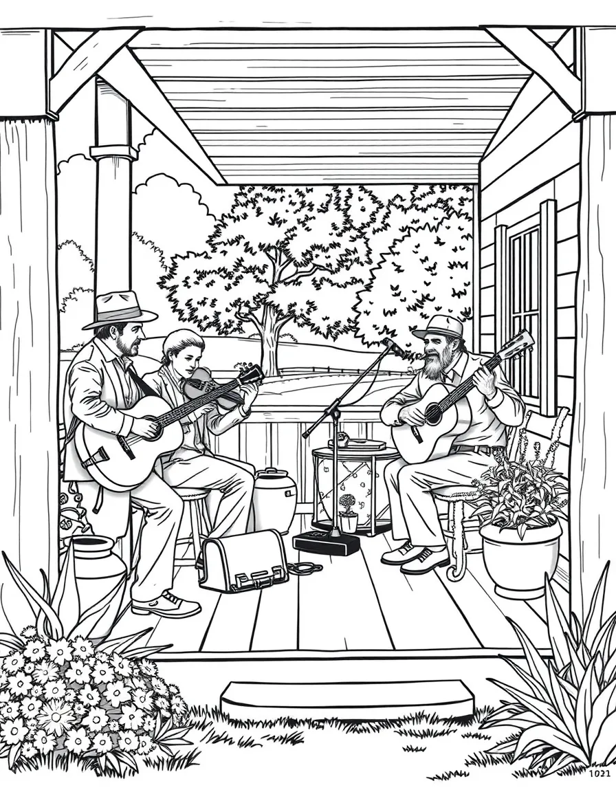 A bluegrass band performing on a porch with detailed rural setting
