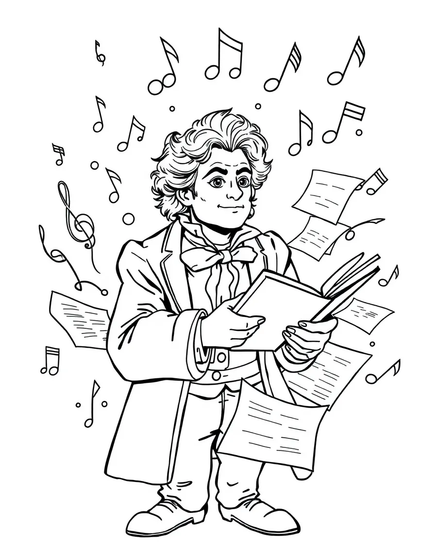 A composer surrounded by floating musical notes and composition papers