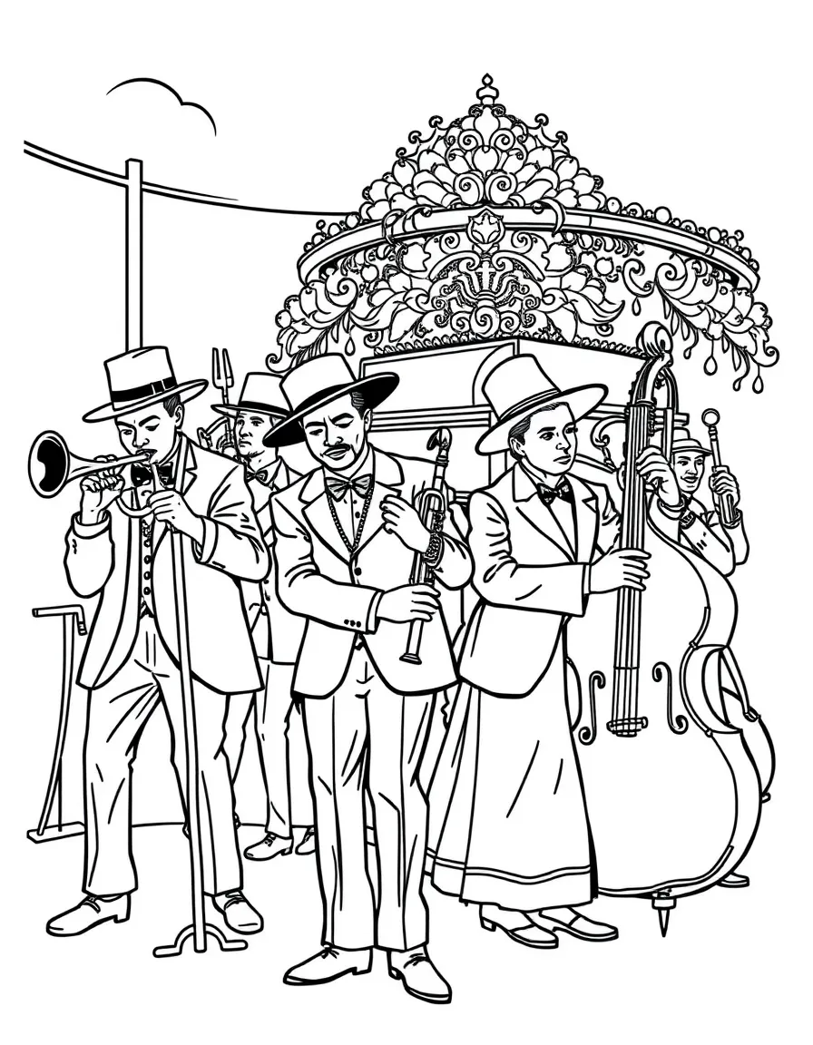 A New Orleans jazz funeral procession with detailed instruments and attire