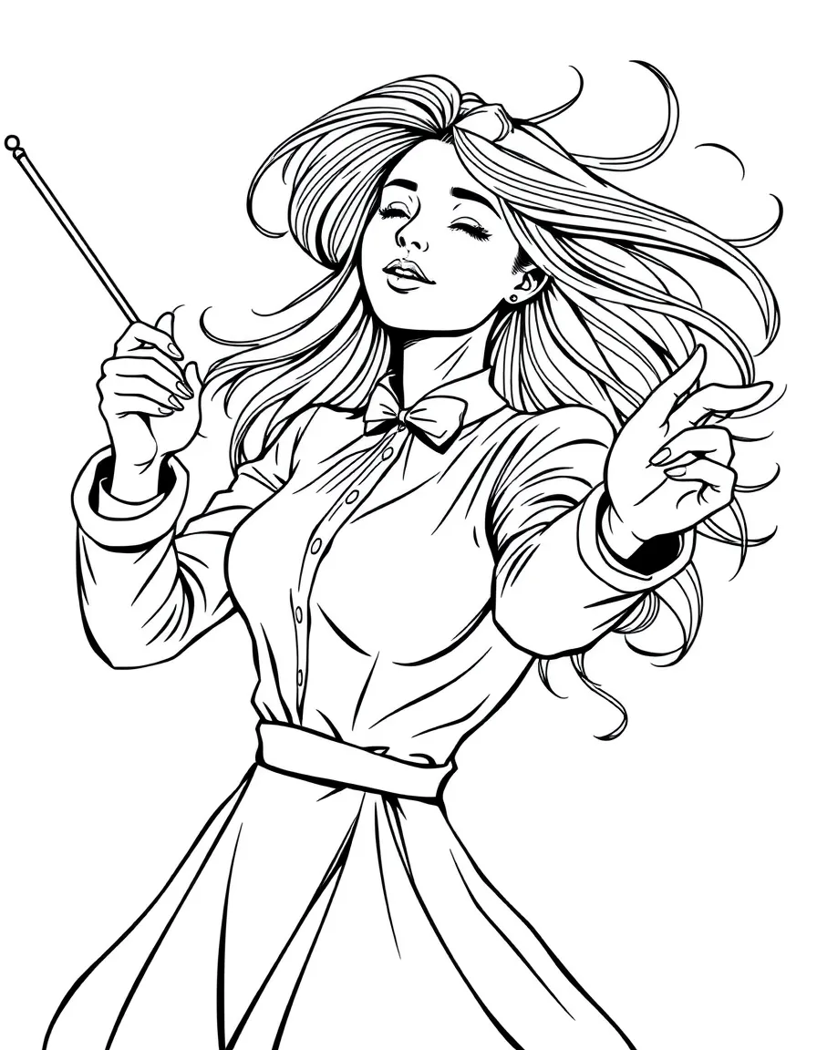 A female conductor with flowing hair and dramatic baton movement