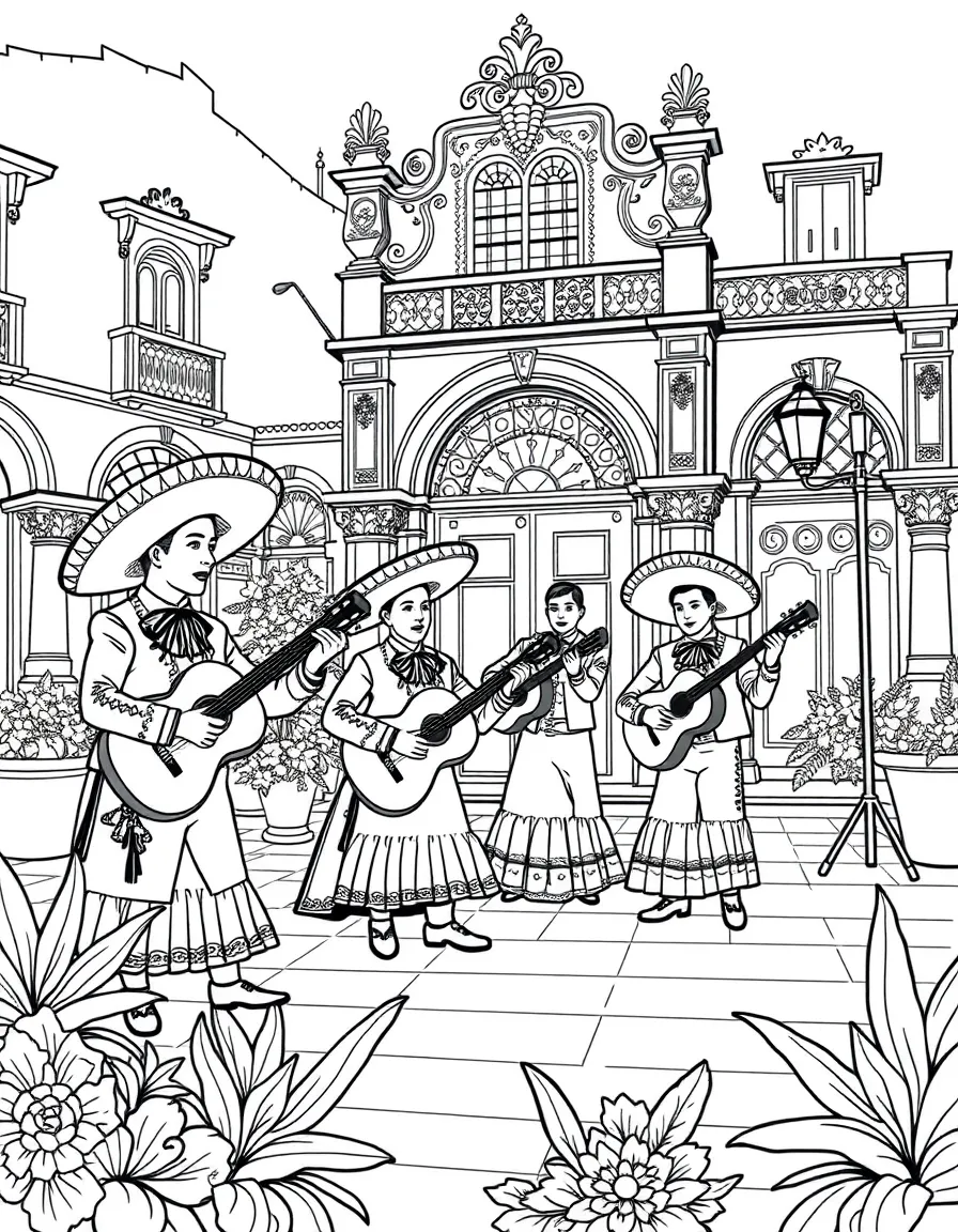 A mariachi band performing in an ornate plaza with architectural details