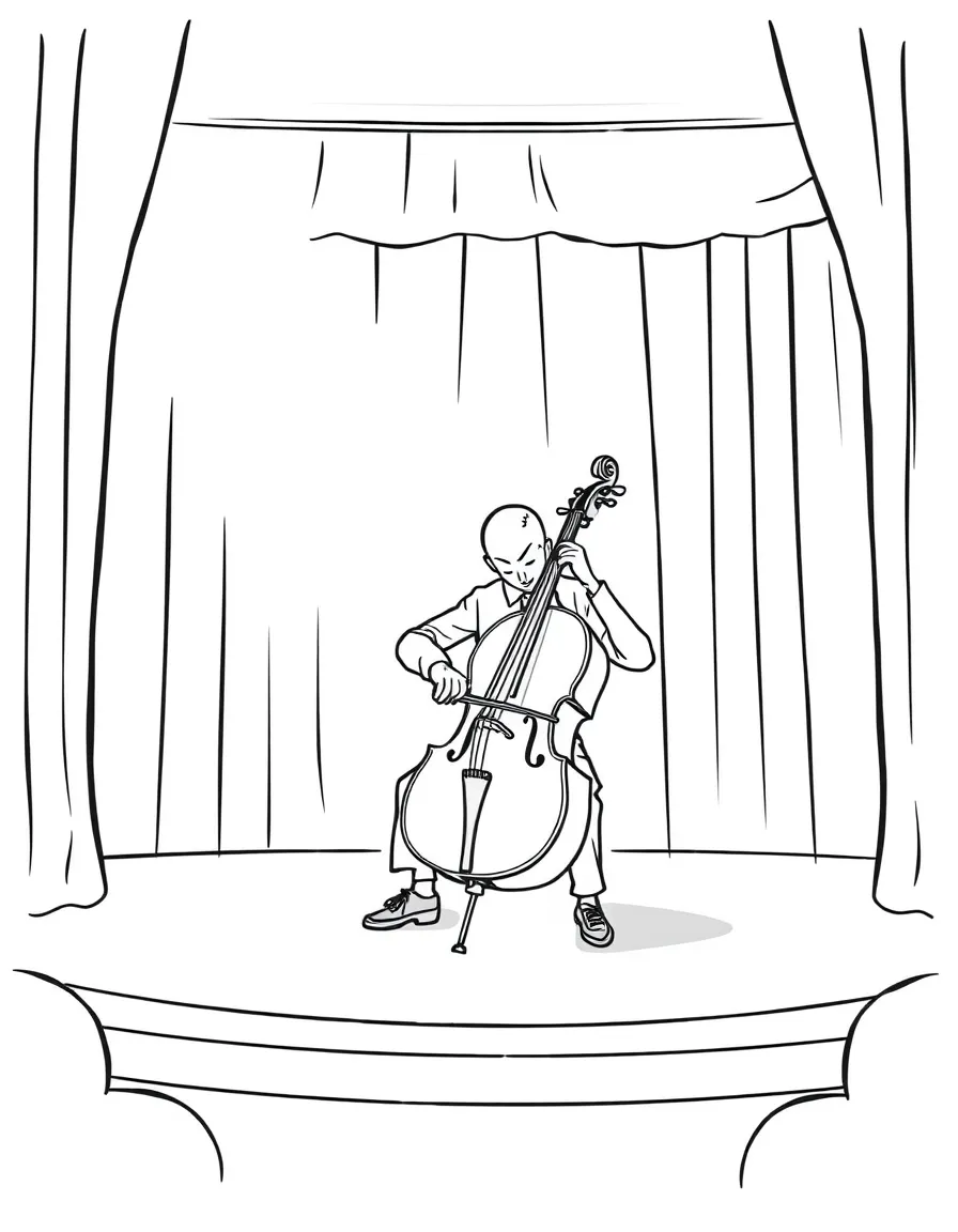 A cello soloist on empty stage with dramatic spotlight and shadows