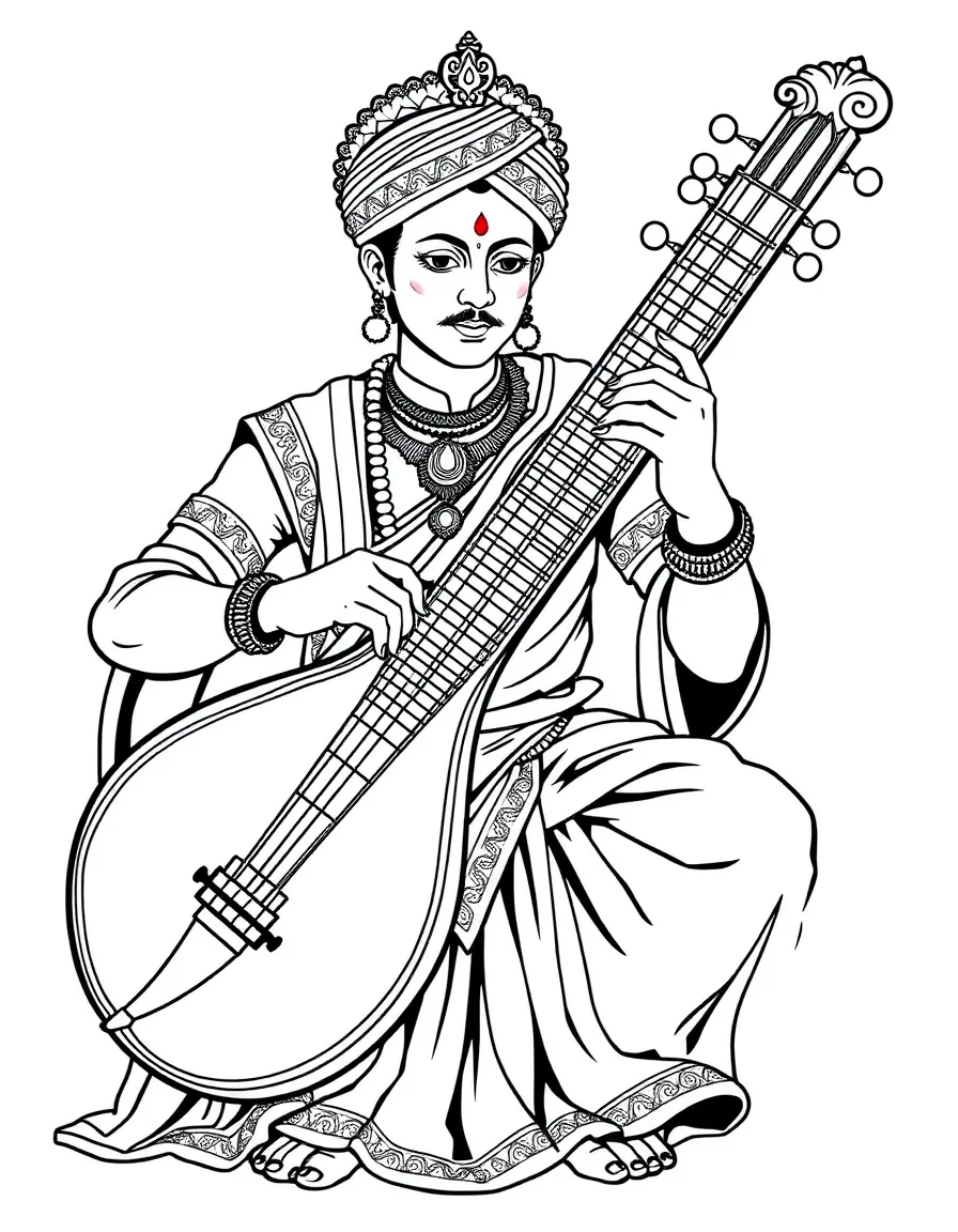A classical Indian sitar player in traditional pose with ornate instrument