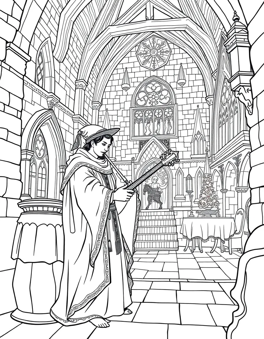 A medieval minstrel performing in a detailed castle great hall