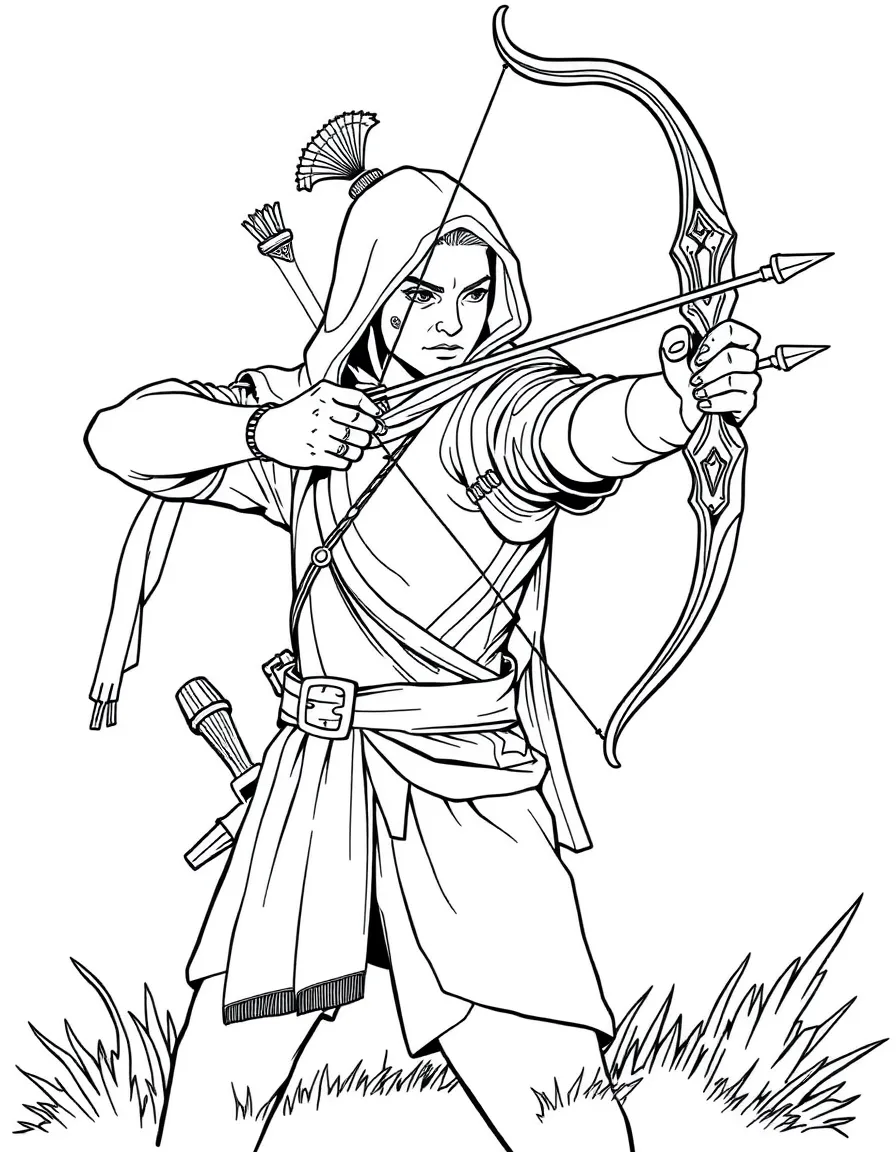 An archer at full draw with detailed bow mechanics and stance