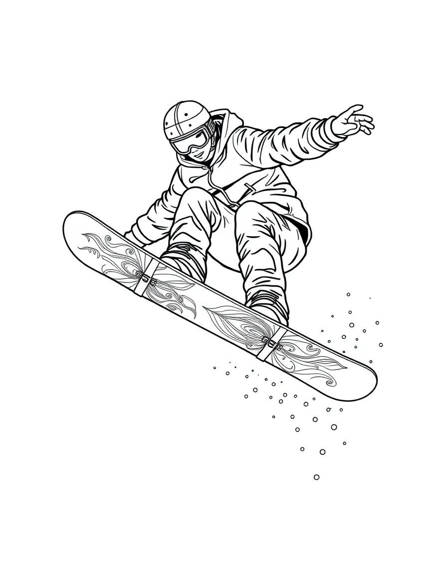 A snowboarder in mid-air trick with detailed board graphics