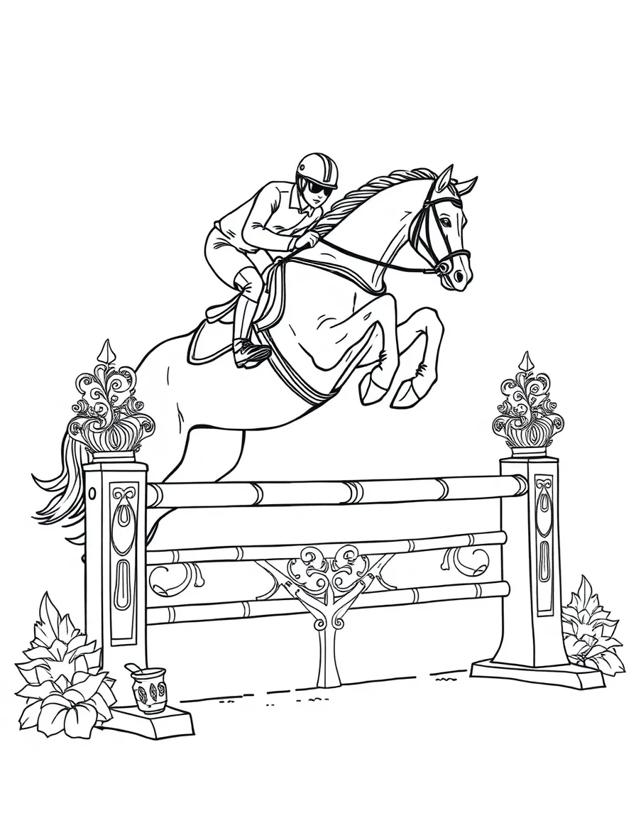 An equestrian jumper and horse clearing an elaborate obstacle