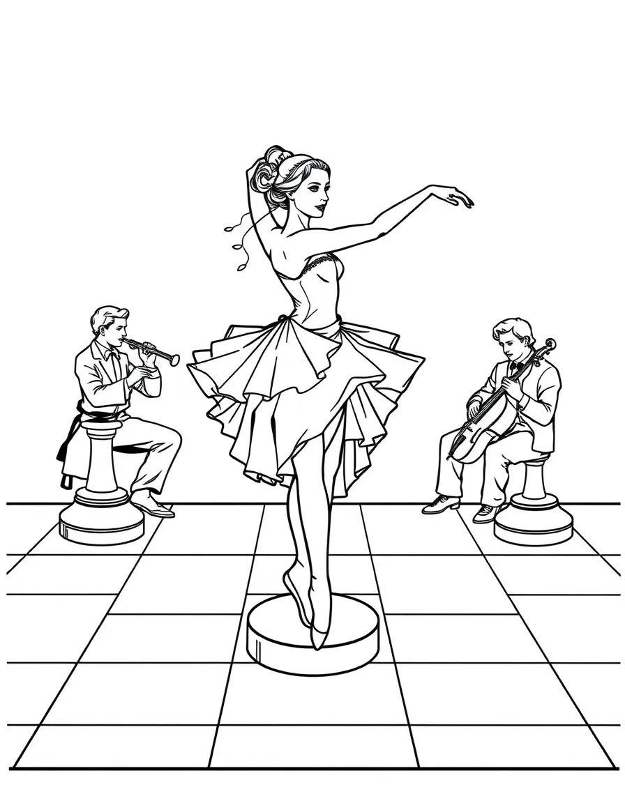 A ballerina posed as a figure on a chess board with musicians as other pieces