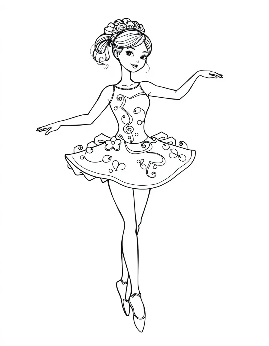 A ballerina with musical note-shaped costume elements and dancer's physique