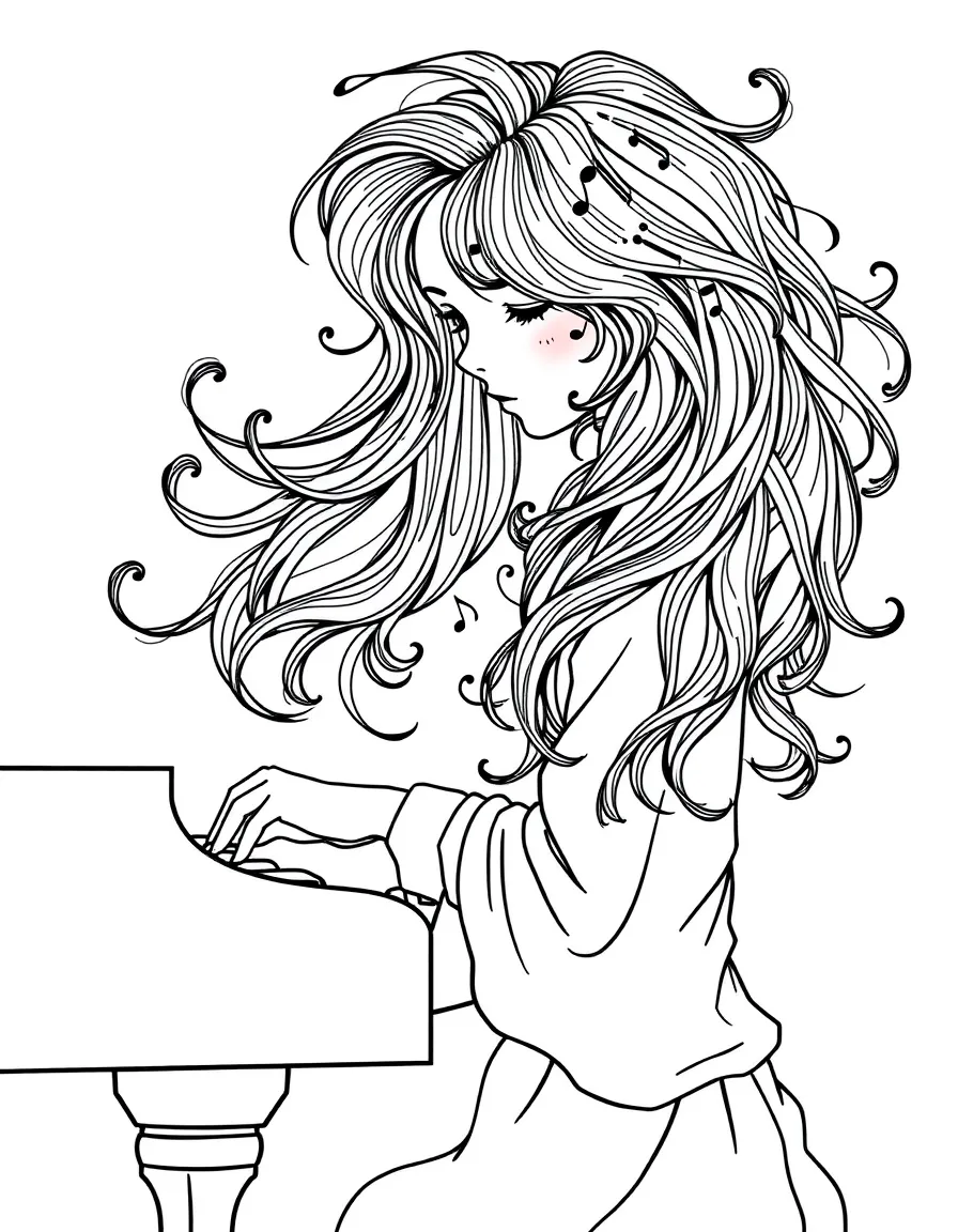 A pianist whose hair flows like sheet music with notes embedded