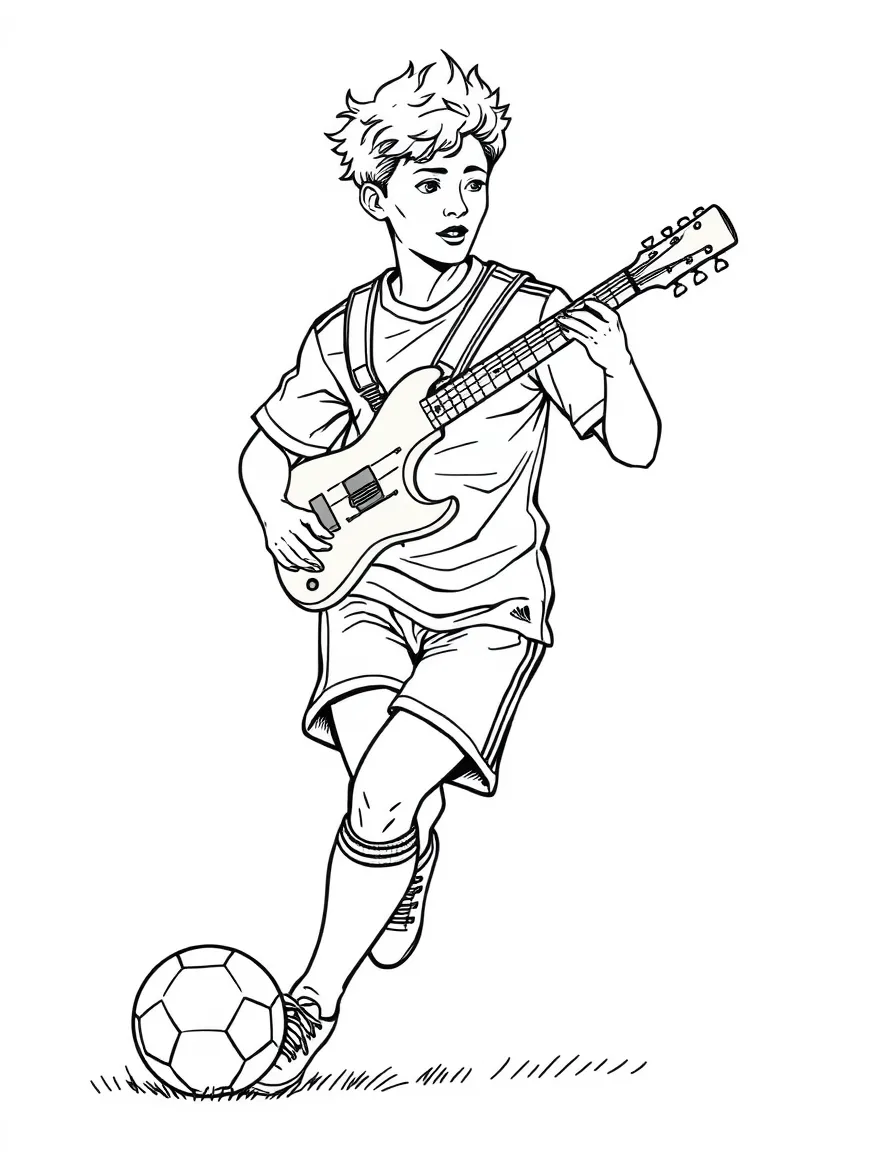 A soccer player with musical instrument parts integrated into uniform
