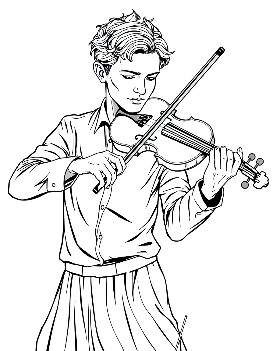 A violinist whose strings extend from instrument into their body