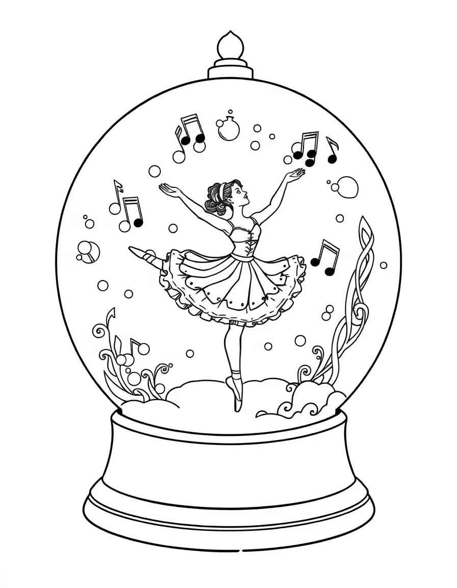A ballet dancer posed inside a snow globe with musical elements