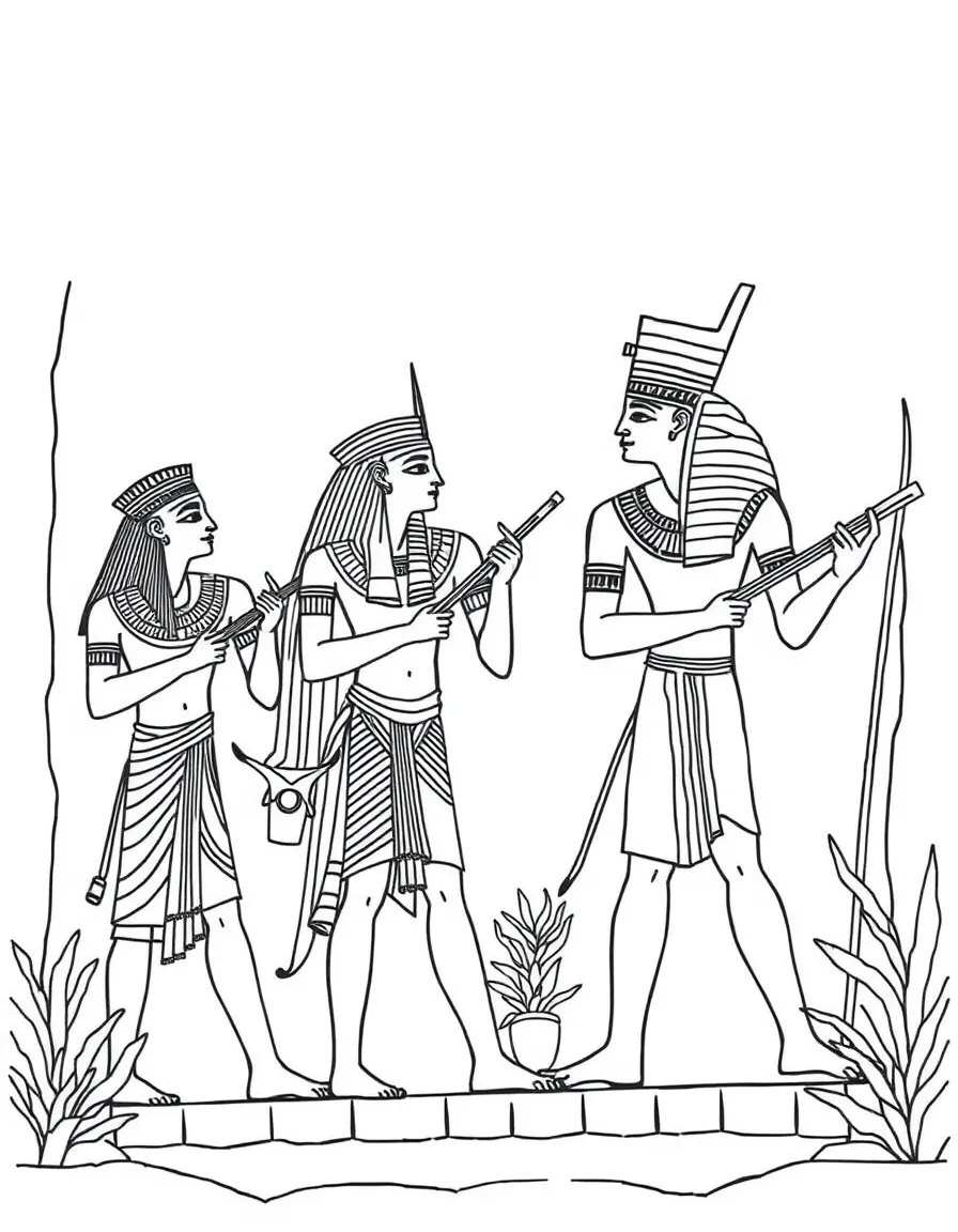 Ancient Egyptian musicians and athletes depicted in tomb painting style