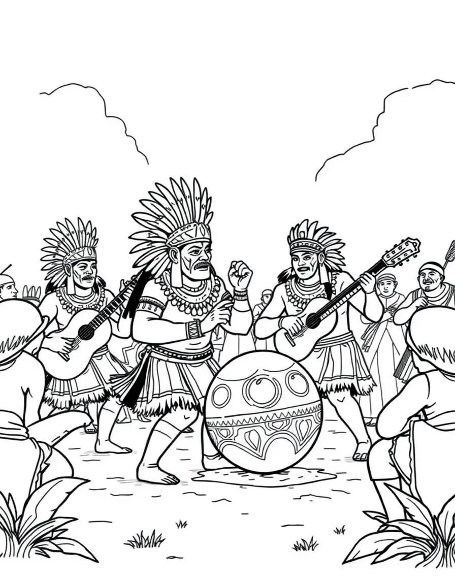 Aztec ball game players with traditional ceremonial musicians