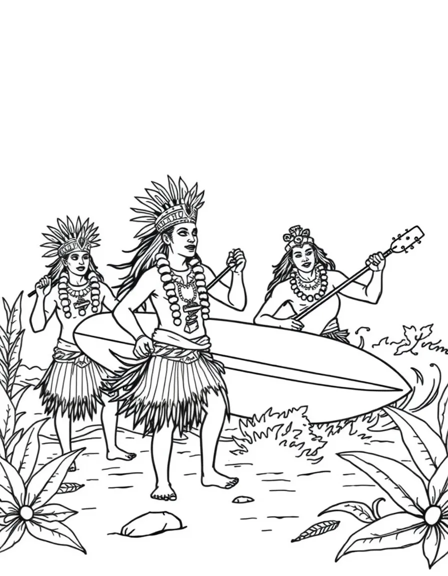 Ancient Polynesian dancers and musicians with surfing competition