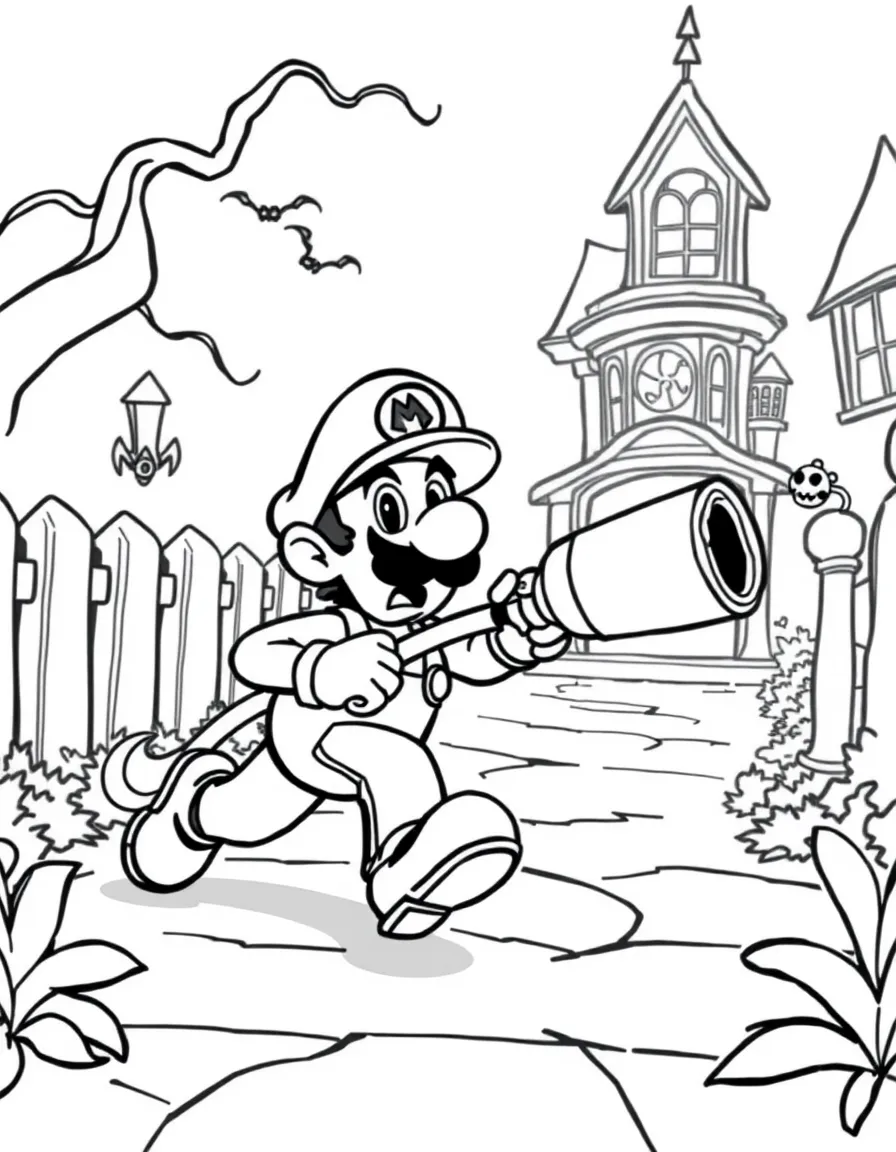Luigi running nervously through a haunted mansion with his Poltergust vacuum