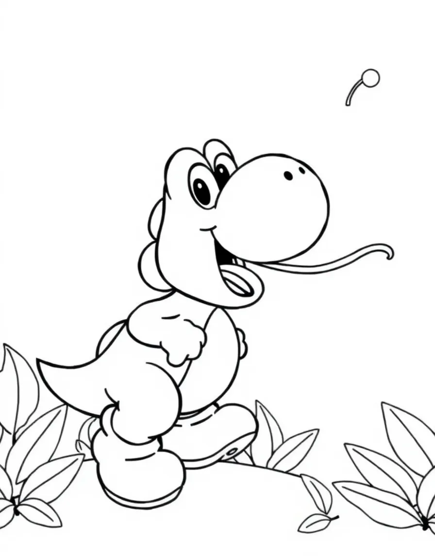 Yoshi sticking out his long tongue to catch a fruit
