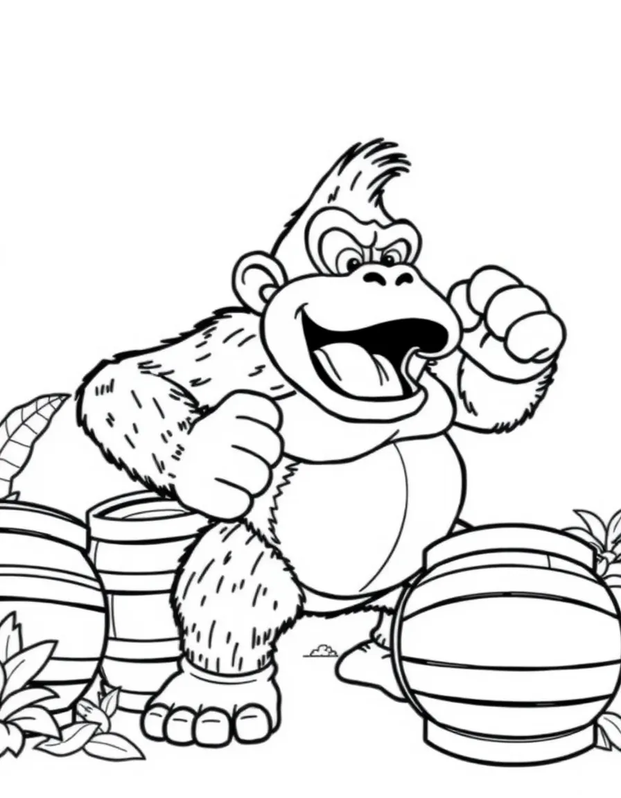 Donkey Kong beating his chest with barrels nearby