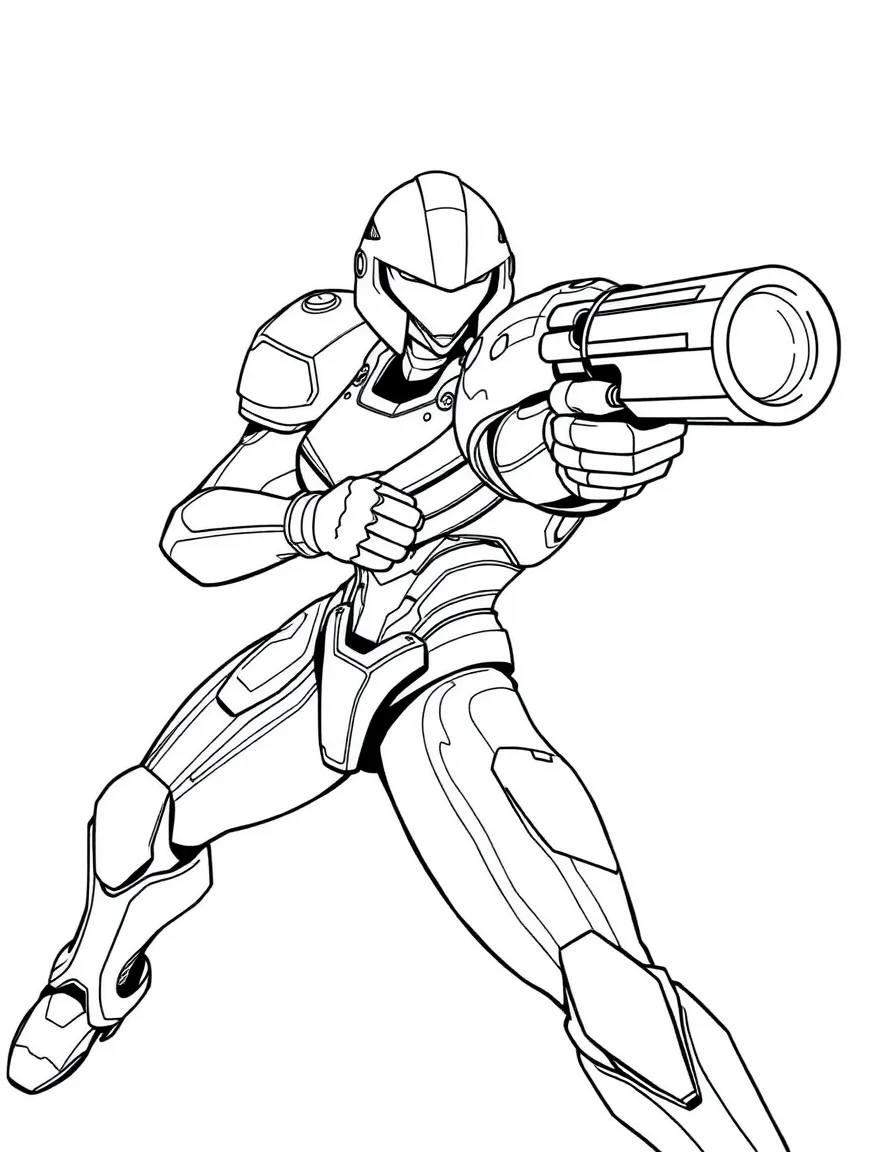 Samus Aran in her power suit aiming her arm cannon