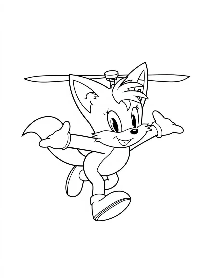 Tails flying with his twin tails spinning like helicopter blades