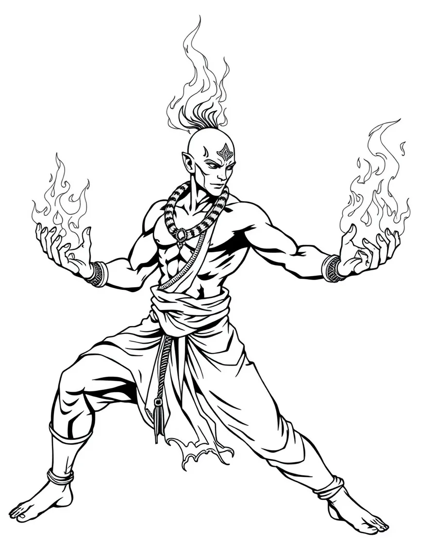 Dhalsim stretching his limbs with flames around his hands