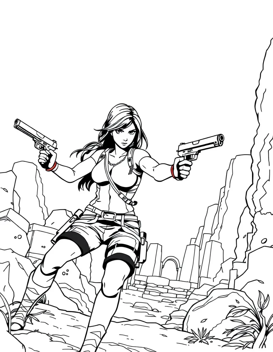 Lara Croft dual-wielding pistols while exploring ancient ruins