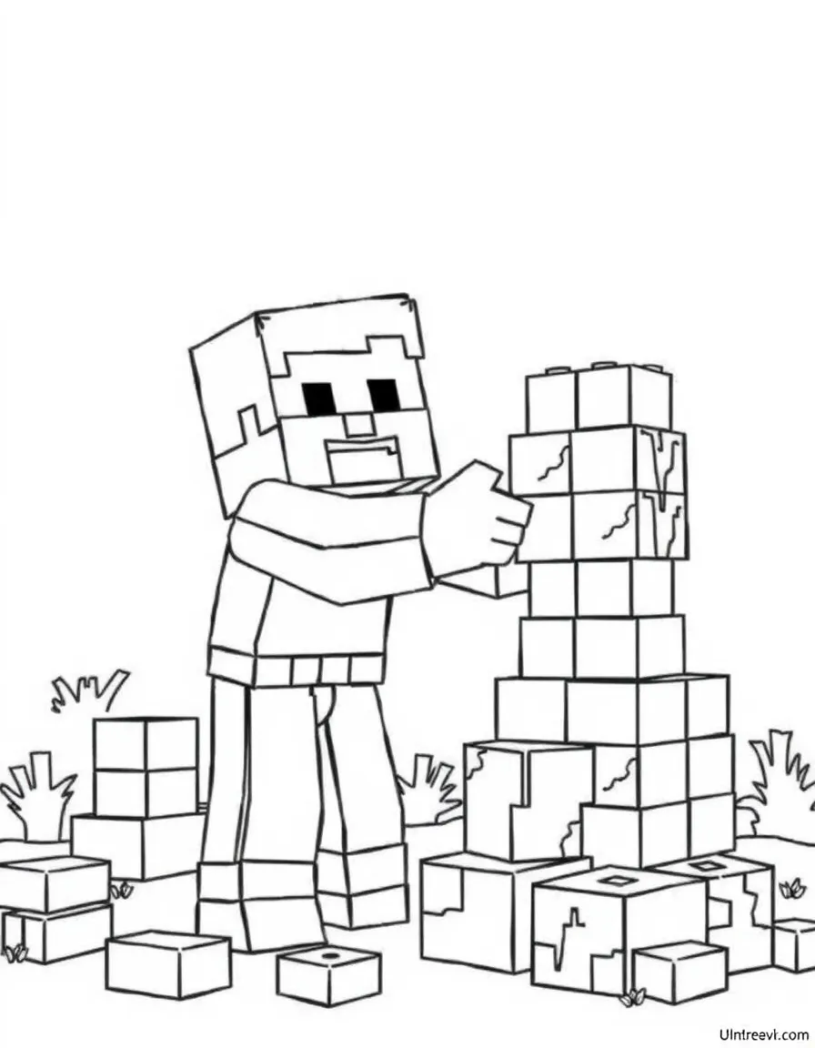 Steve from Minecraft building a structure with various blocks