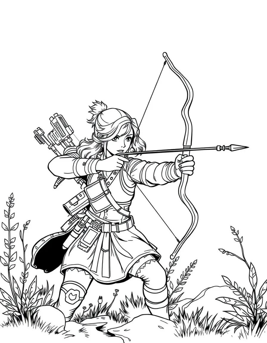 Aloy from Horizon hunting a machine with her bow drawn