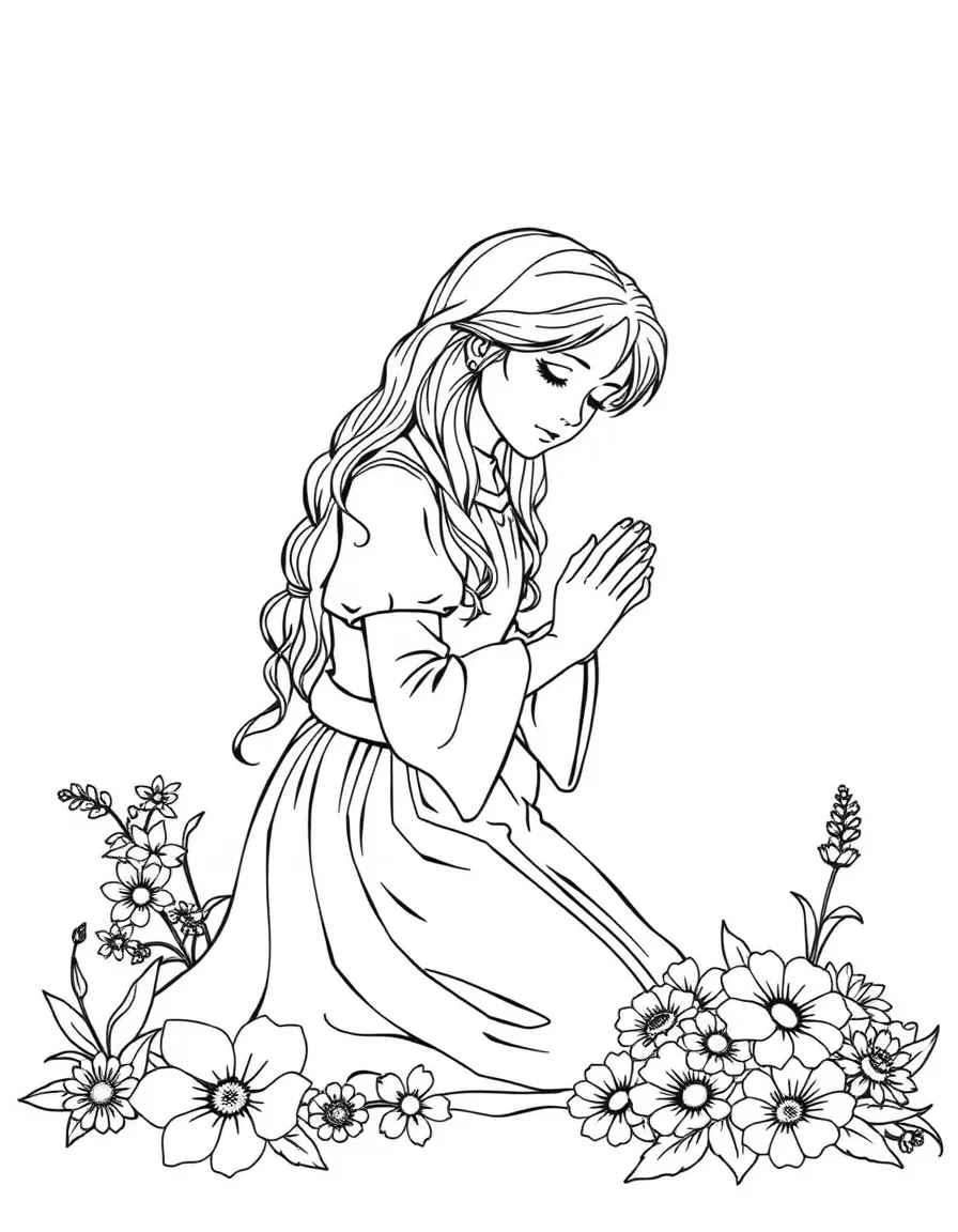 Aerith Gainsborough kneeling in prayer with flowers around her