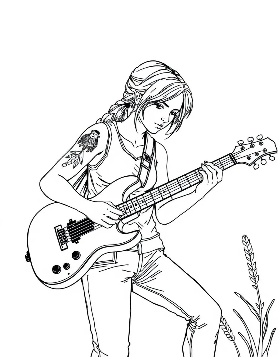 Ellie from The Last of Us playing guitar with her tattoo visible