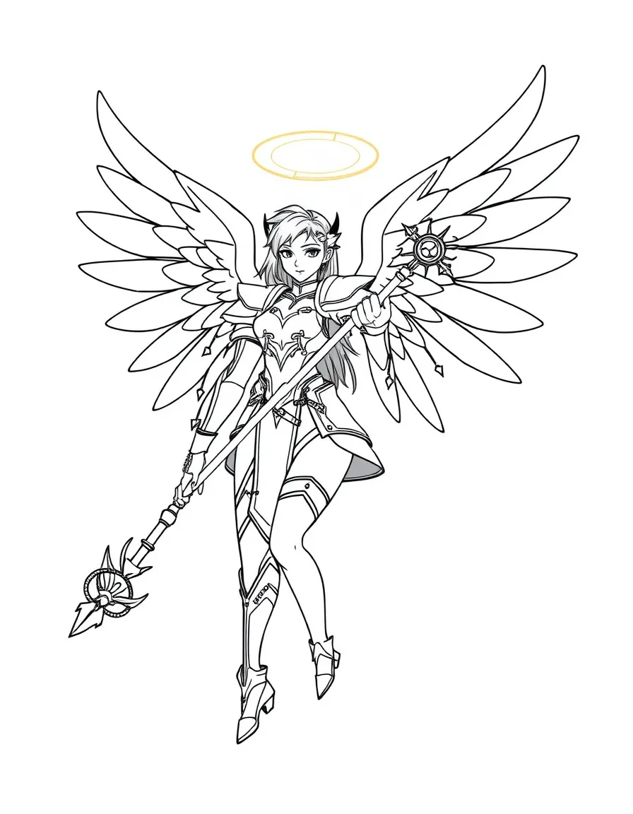 Mercy from Overwatch with her wings spread and staff glowing