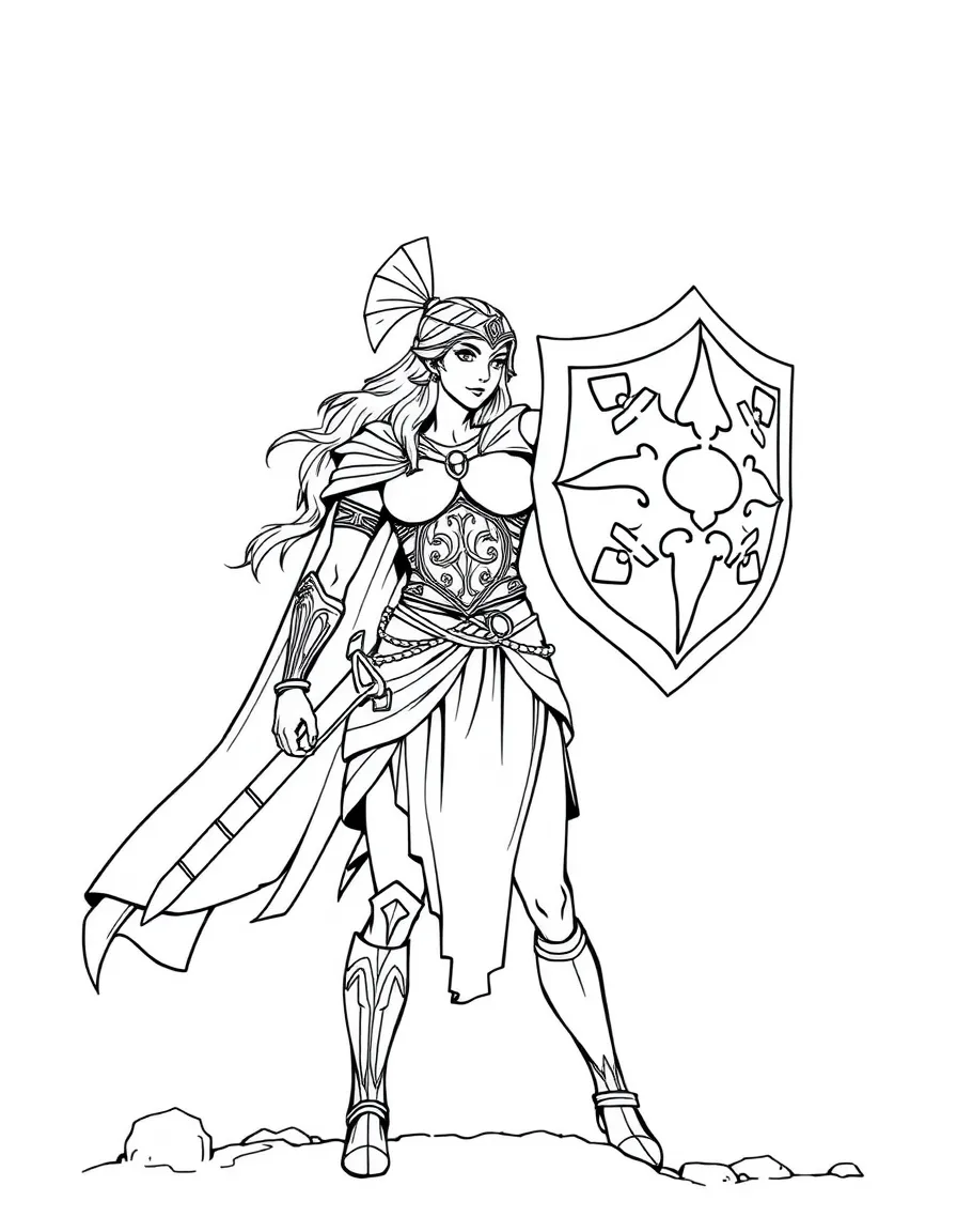 Sophitia with her shield raised and sword glowing