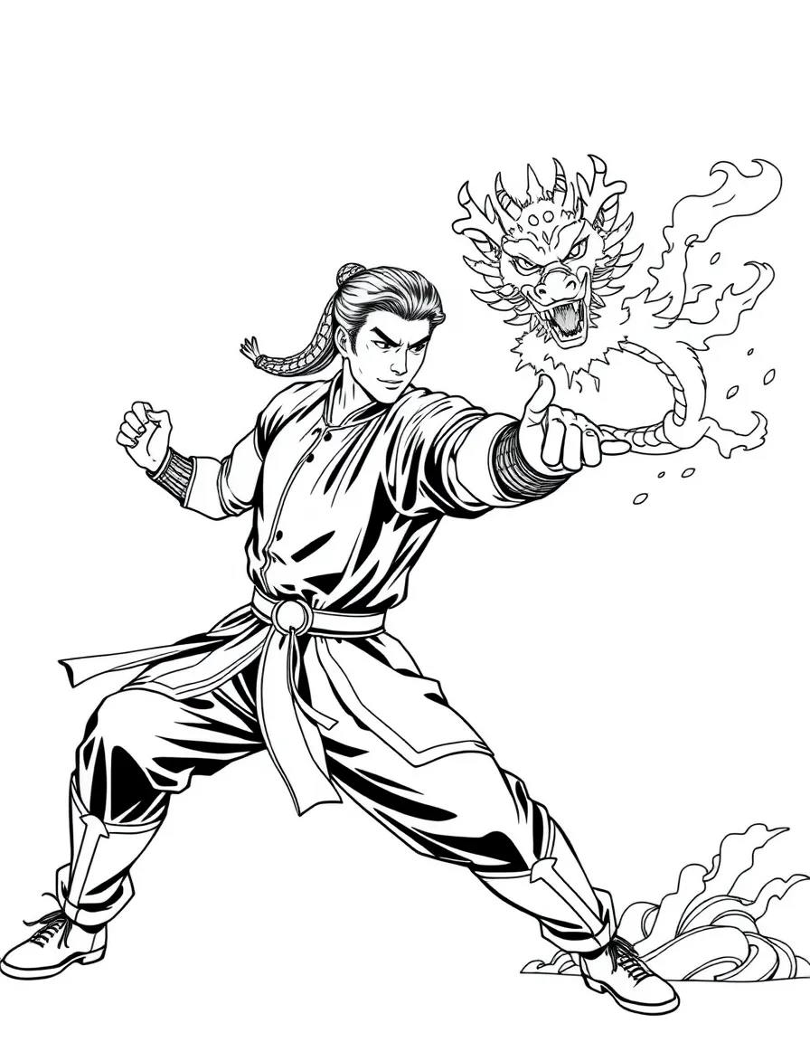 Liu Kang throwing a fireball with dragon energy