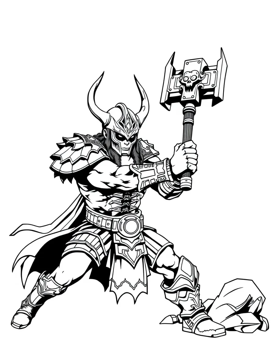 Shao Kahn swinging his warhammer with skull helmet