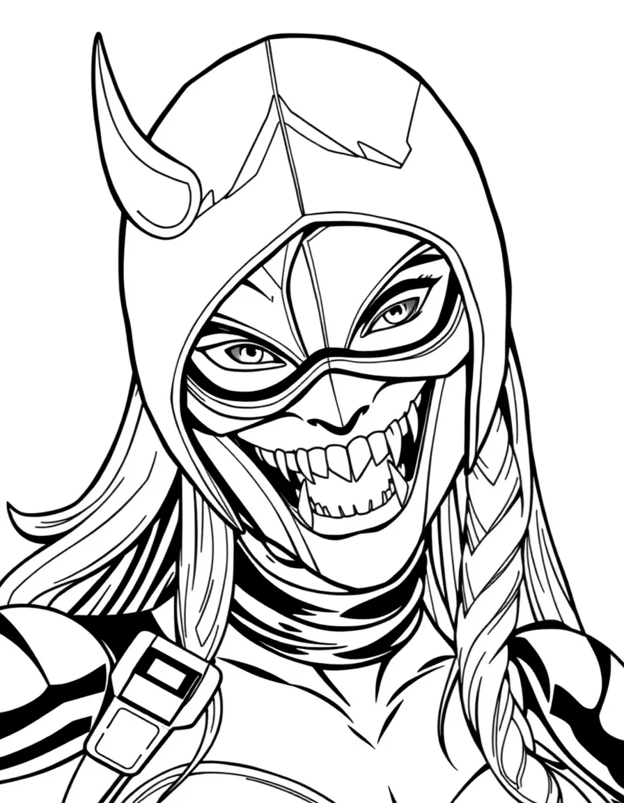 Mileena with her mask half-removed revealing fangs