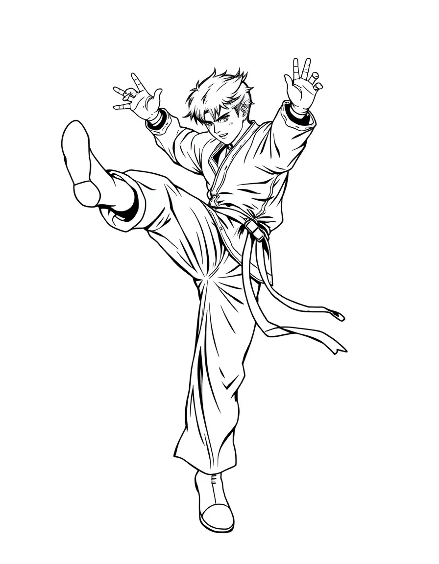 Tekken's Hwoarang executing a high kick with taekwondo uniform