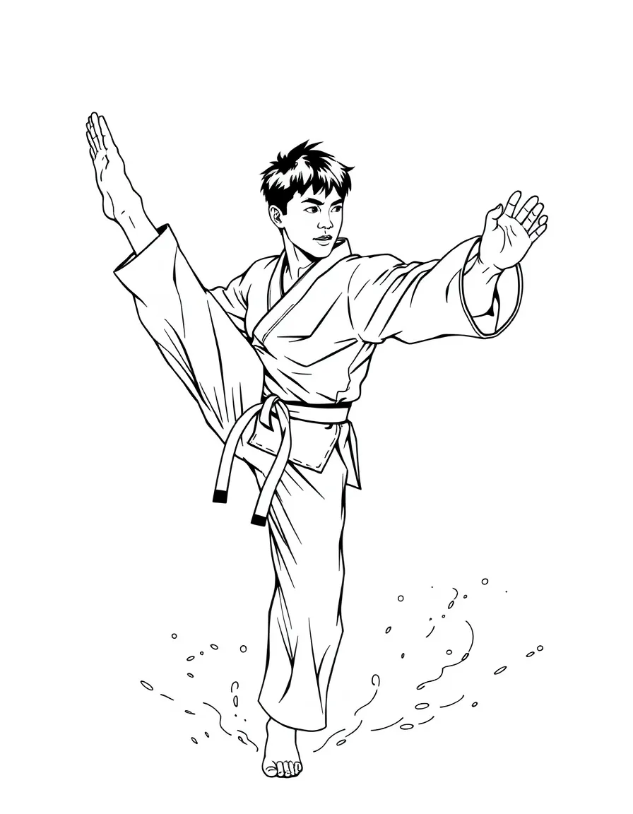 Kim Kaphwan executing flying kicks with taekwondo uniform
