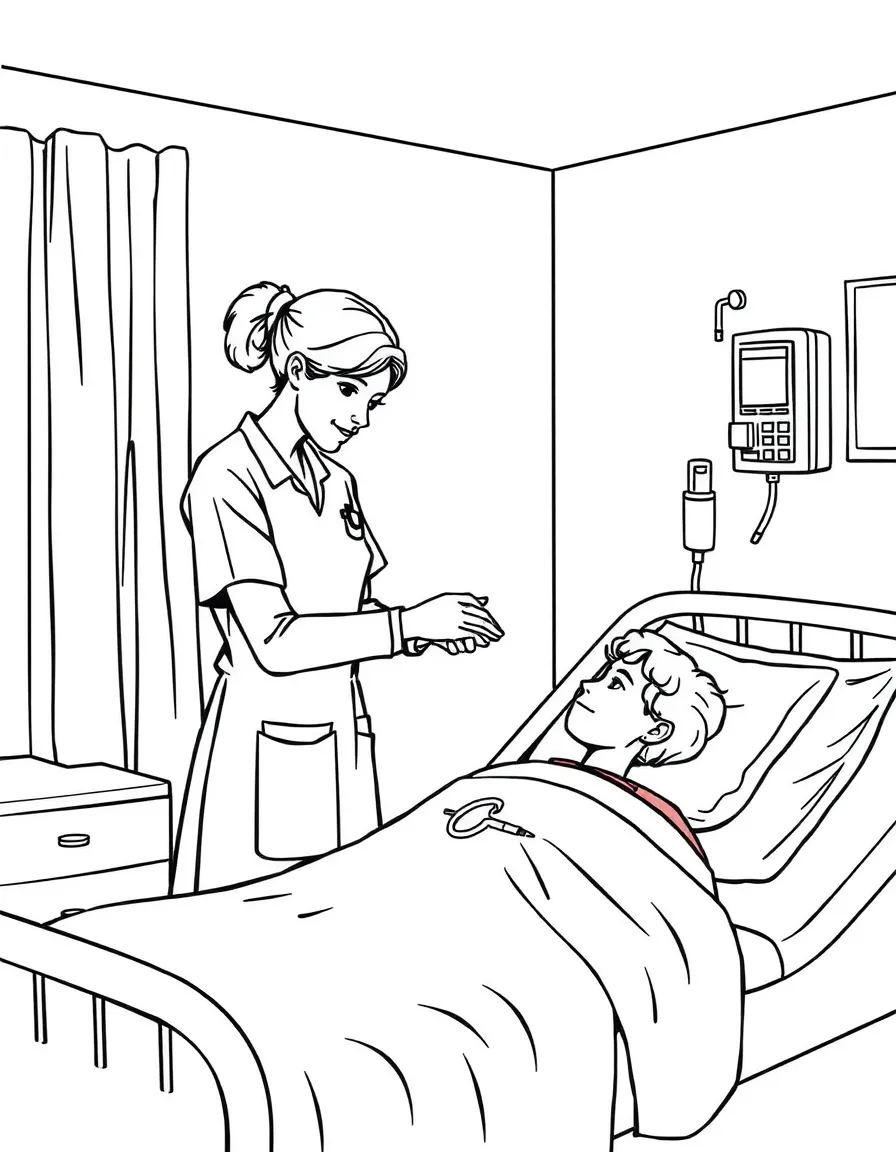 A nurse administering medicine to a patient in a hospital bed