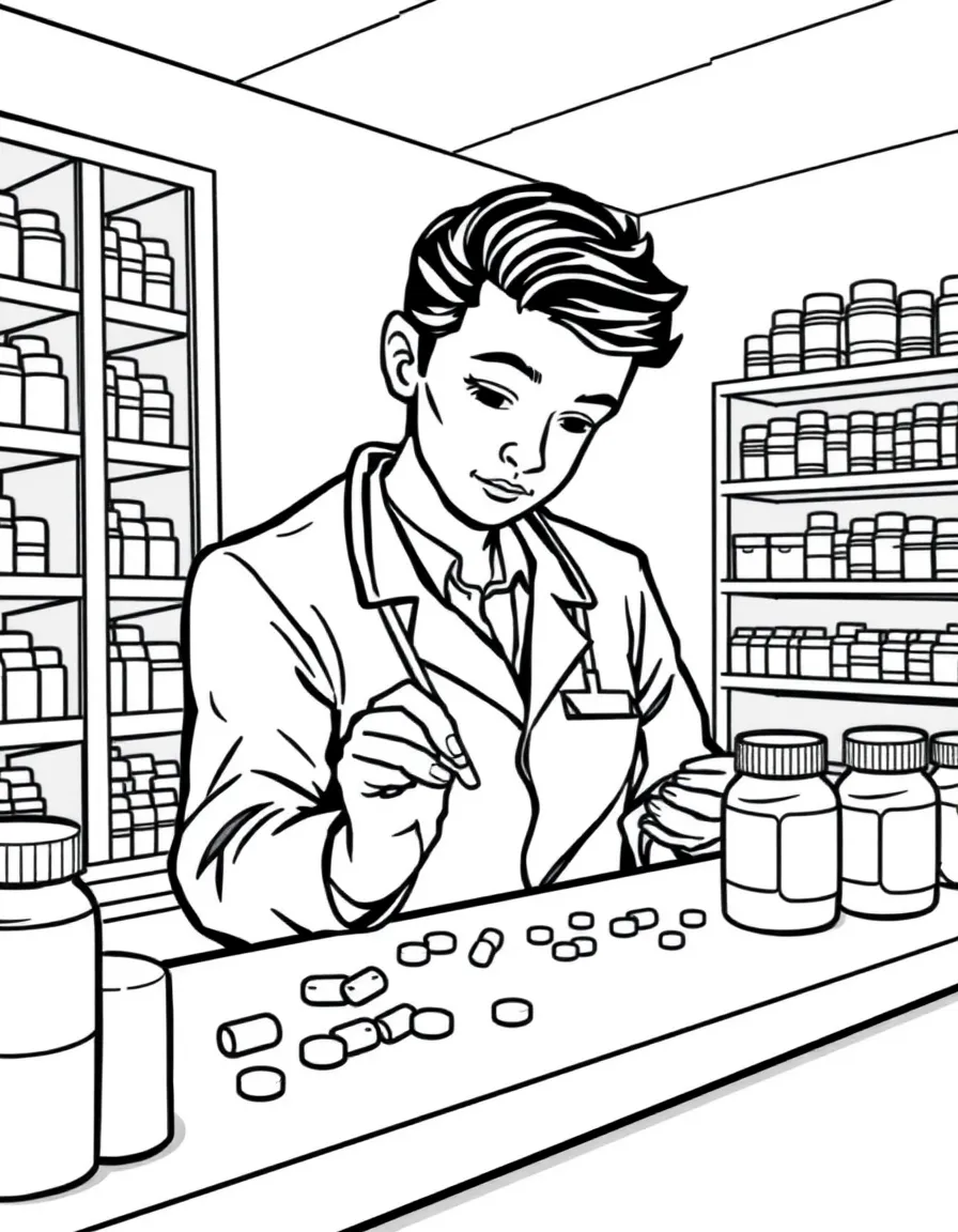 A pharmacist counting pills at a pharmacy counter