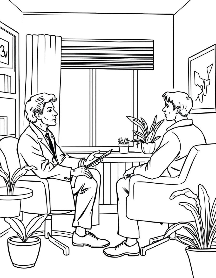A psychiatrist talking with a patient in a comfortable office