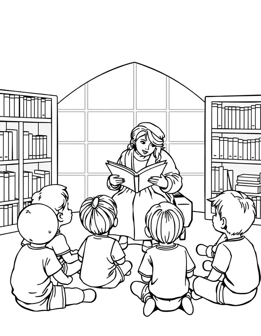 A librarian reading a storybook to children sitting in a circle