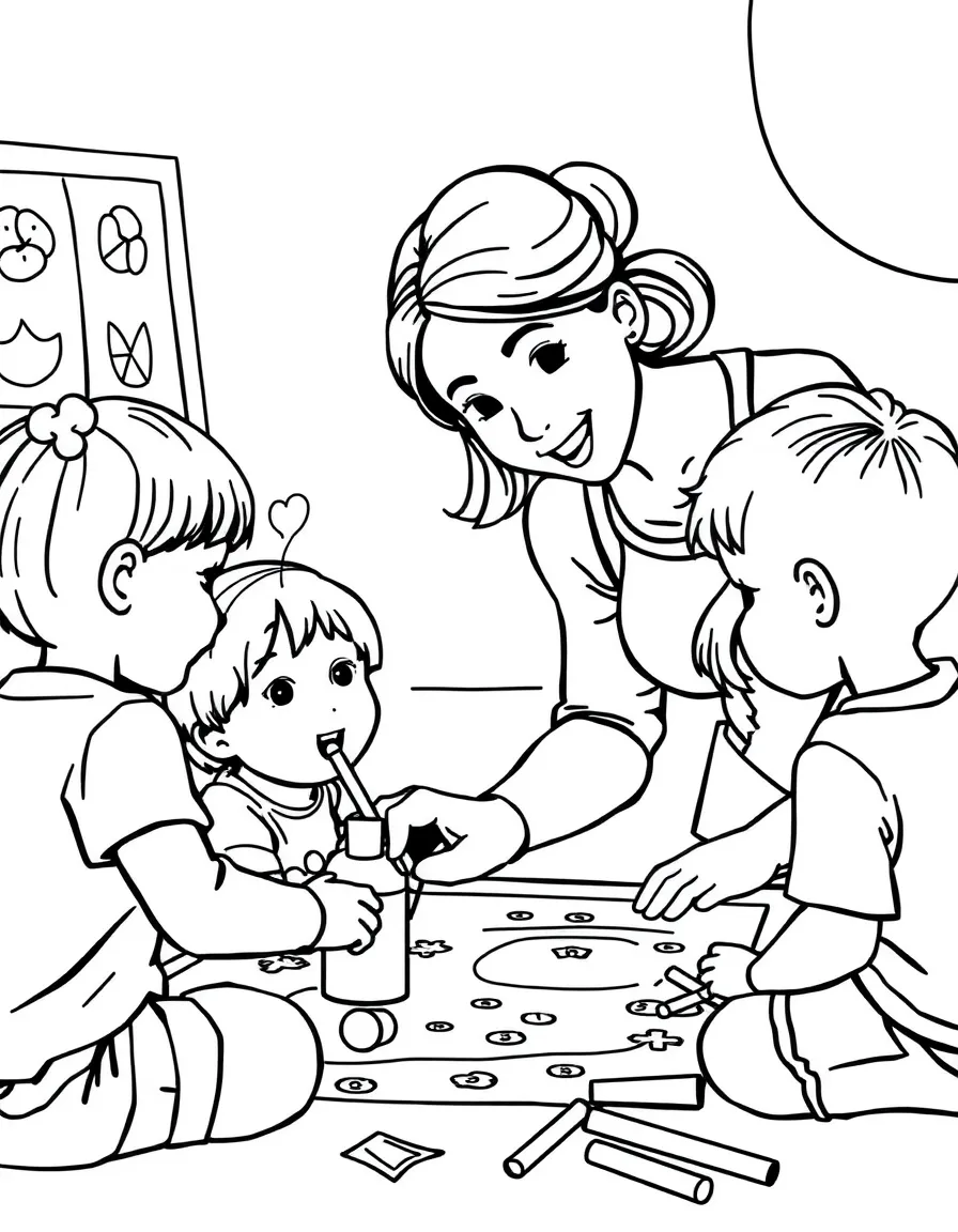 A kindergarten teacher helping children with an art project