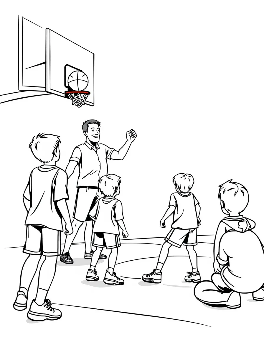 A physical education teacher showing students how to play basketball