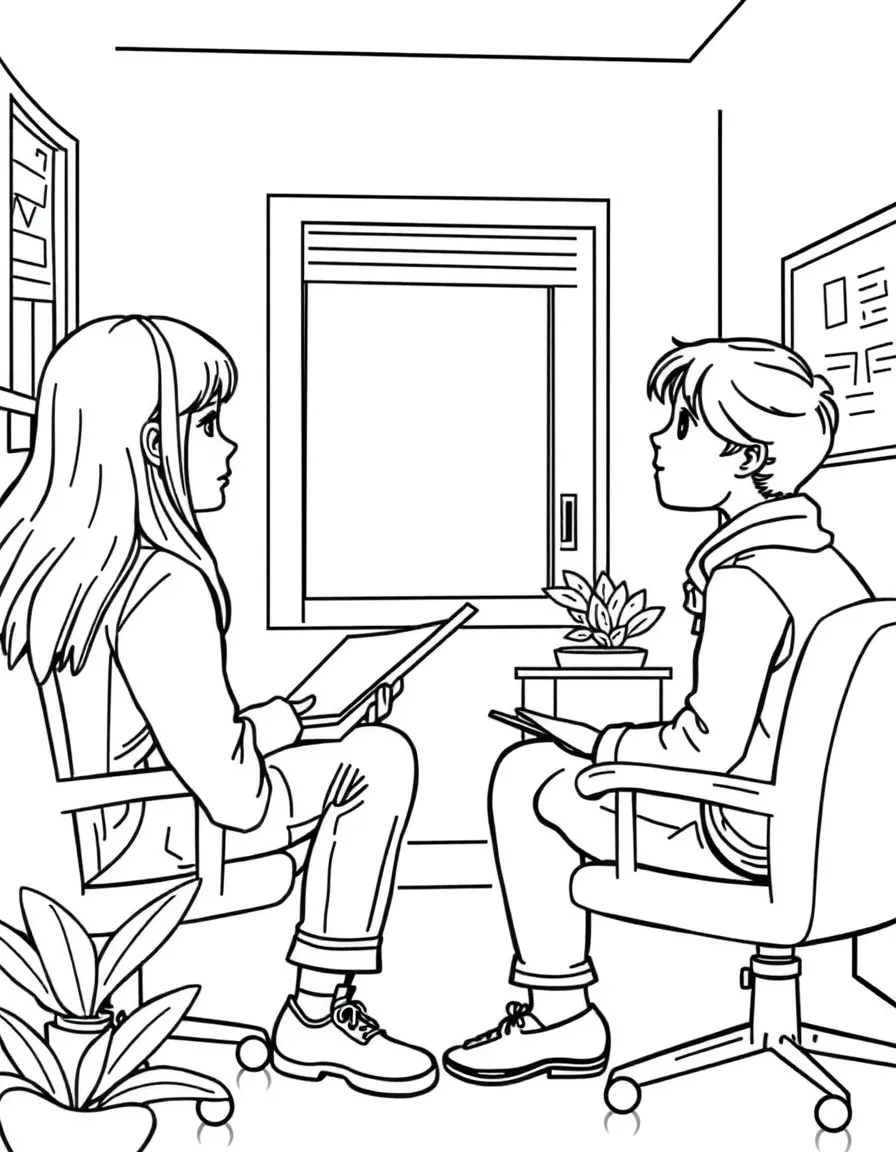 A school counselor talking with a student in an office