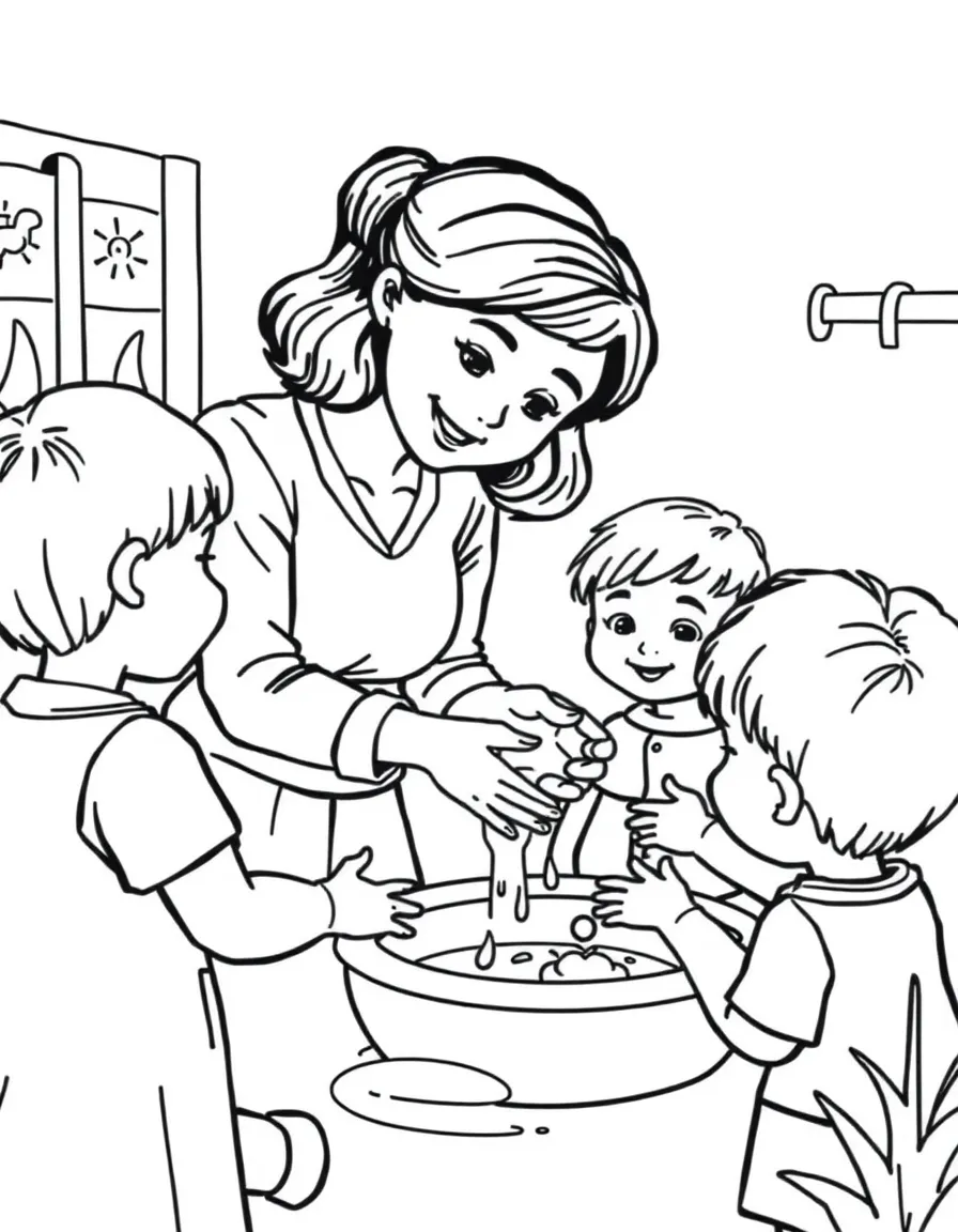 A preschool teacher helping children wash their hands
