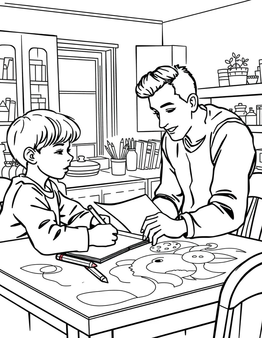 A tutor helping a student with homework at a kitchen table