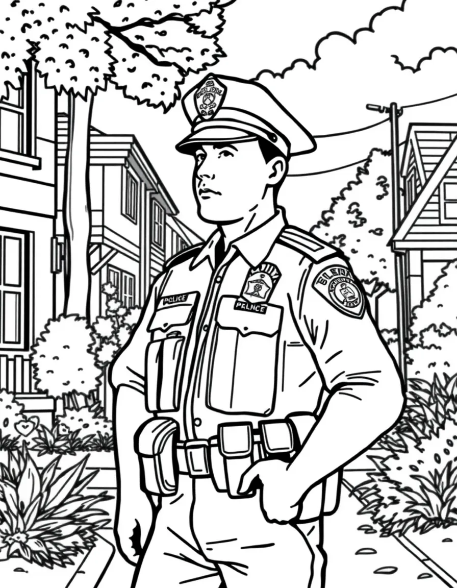 A police officer on patrol in a neighborhood