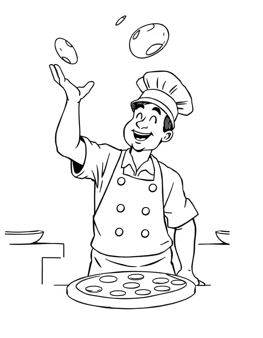 A pizza maker tossing dough in the air