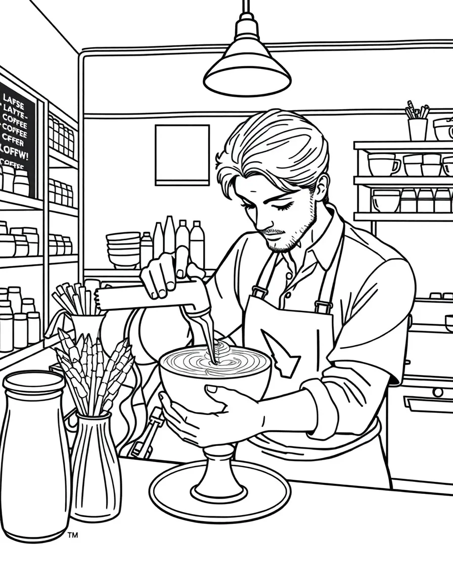 A barista creating latte art in a coffee shop